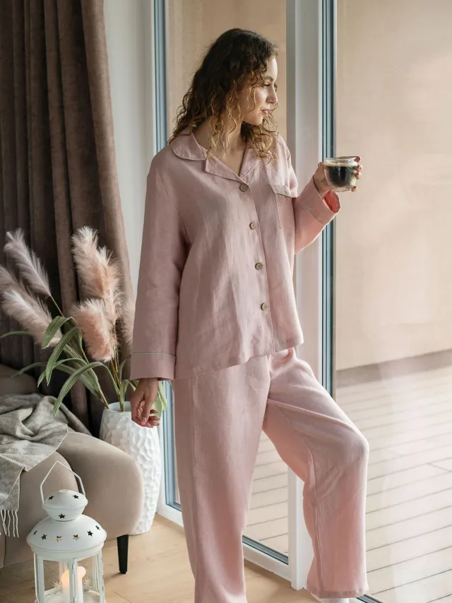 Amber Linen dames vegan Pyjamaset Serene Oudroze, foto 2