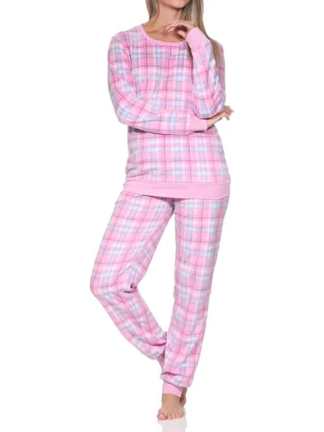 Normann fleece damespyjama met lange mouwen en manchetten in coole look pink1