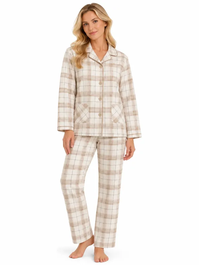 Cocodream Quality Cocodream - dames pyjama flanel - doorknoop - taupe geruit