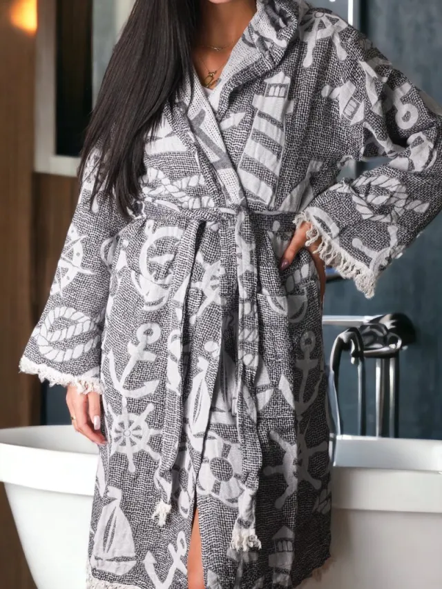 Minufco Badjas met Capuchon - Puur katoen - Badjas dames - Badjas heren - Unisex Badjas - Sauna - Unique Patroon - Cadeau- Zwart
