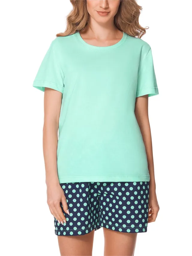 Merry Style MS-MS10-177-PJ Dames Pyjama - ronde hals - korte mouwen - korte broek zonder zakken - Katoen - Amarant/Grijs Mint/donkerblauw
