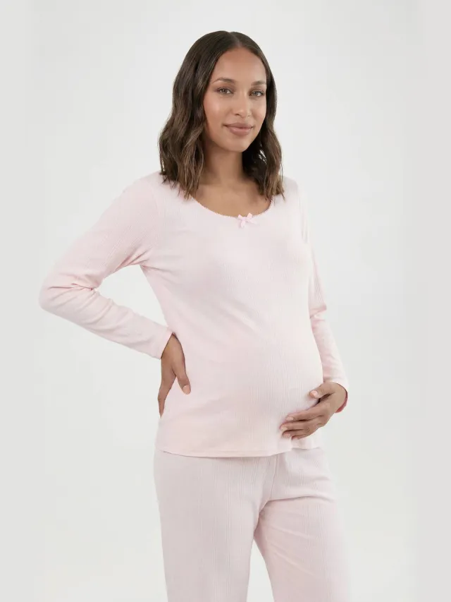 boohoo Dames Zwangerschaps Pointelle Pyjama Set Met Lange Mouwen En Broek Roze