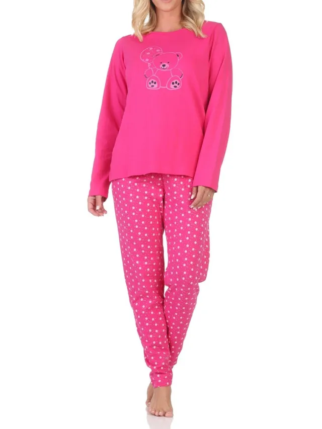 Normann damespyjama met lange mouwen en een schattig teddymotief roze