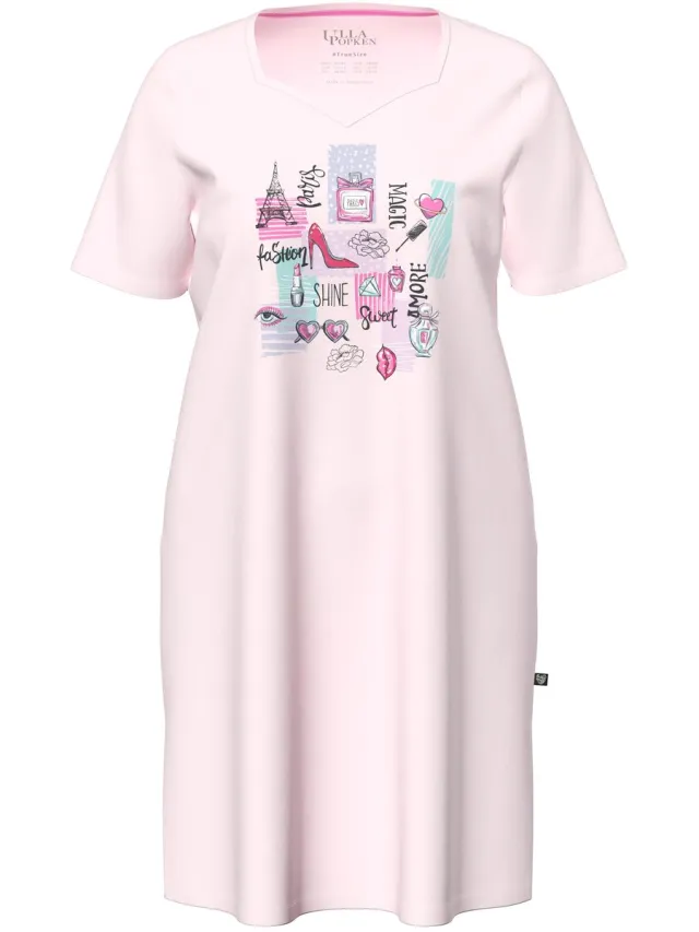 Ulla Popken Dames - Bigshirt modieuze motieven hartvormige halslijn korte mouw - Roos - Maat 46+