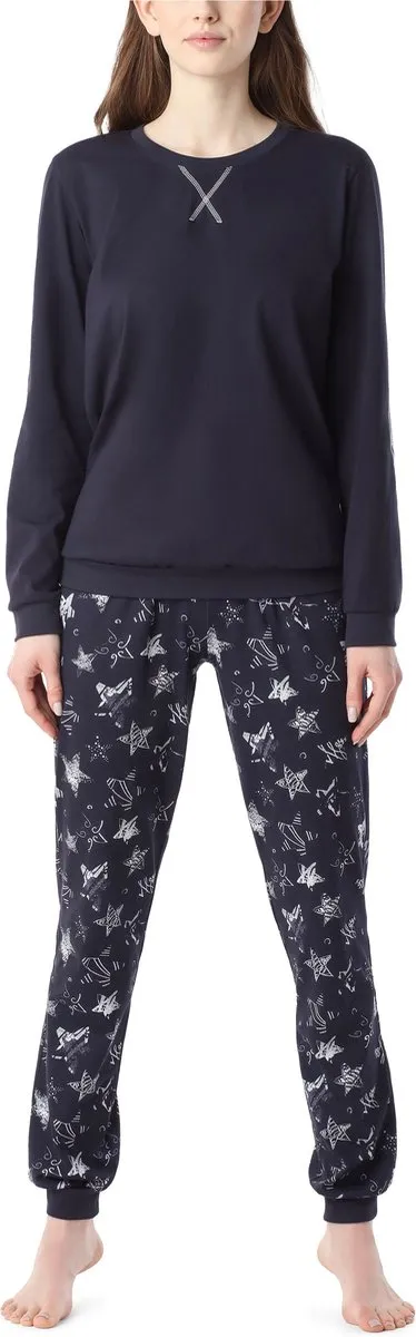 Merry Style MS-MS10-168-PJ Dames Pyjama - ronde hals - lange mouwen - lange broek met zakken - Katoen - Marineblauw/Zilveren Sterren