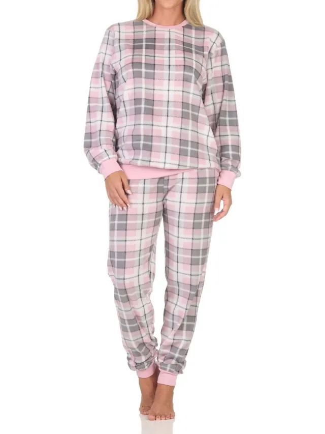Normann fleece damespyjama met lange mouwen en manchetten in coole look rosa