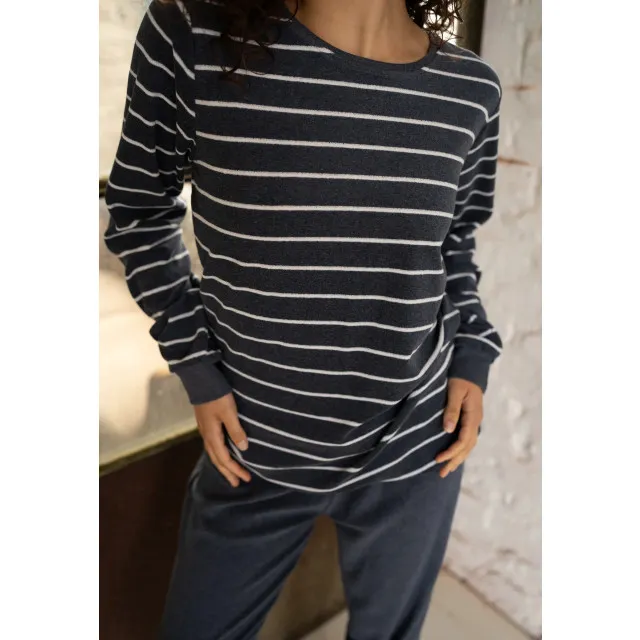 By Louise Dames winter pyjama set lang badstof gestreept blauw Veelkleurig