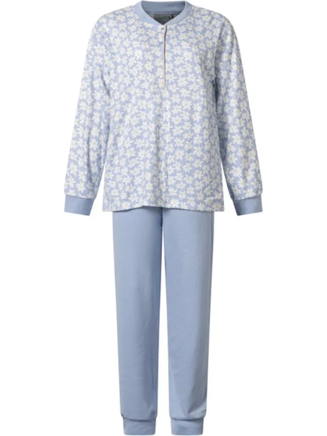 Lunatex warme dames pyjama 124227 interlock - bloemenprint - blauw
