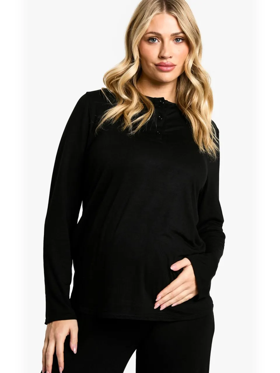 boohoo Dames Zwangerschaps Pyjama Set met Lange Mouwen Top met Knoopsluiting & Broek met Wijde Pijp zwart, foto 3