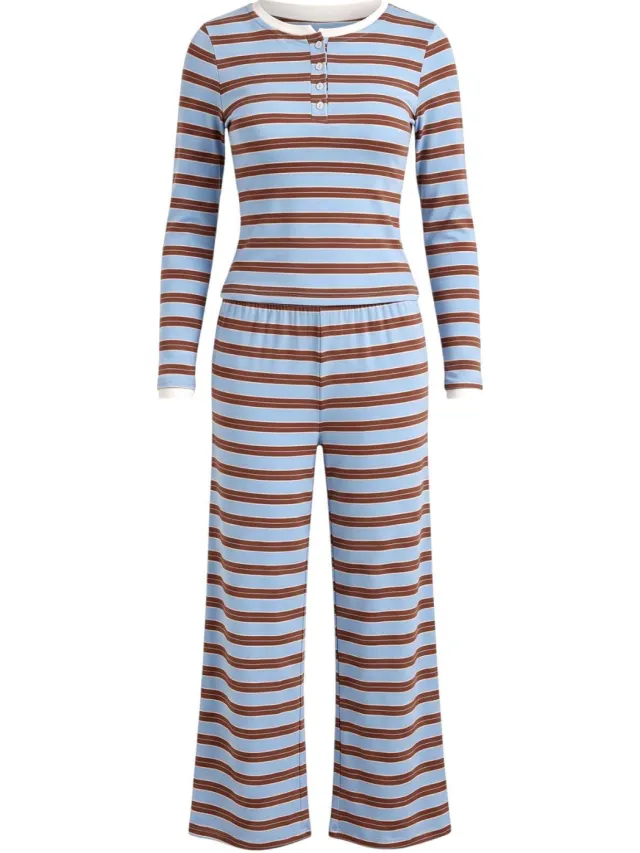 Trendyol TRENDYOLMİLLA Dames 2-pack Blauw Gestreept Lang Loungewear Regular fit Pyjama- Sets