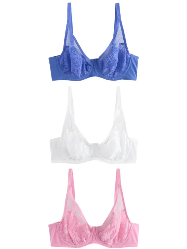Next Dames - Set van 3 DD+ beha's met kant zonder vulling met volledige cups - Blauw Blue/Pink/White