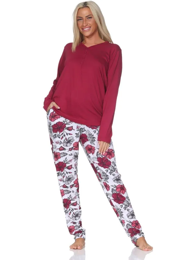 Normann Dames Pyjama met lange mouwen in bloemmotief - ook in overmaten beere
