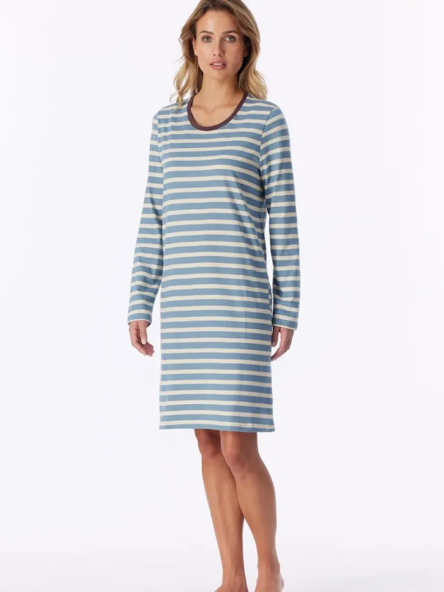 Schiesser dames Casual Essentials nachthemd met lange mouwen met streepjes - grijsblauw dessin