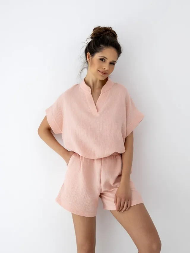S& Sensis Sensis Katoenen Shortama Pyjama Dames Mousseline Zalm Roze SABRINA 42 /