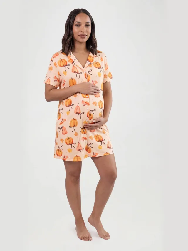 boohoo Dames Zwangerschaps Nachthemd Met Pompoen- En Strikprint Oranje