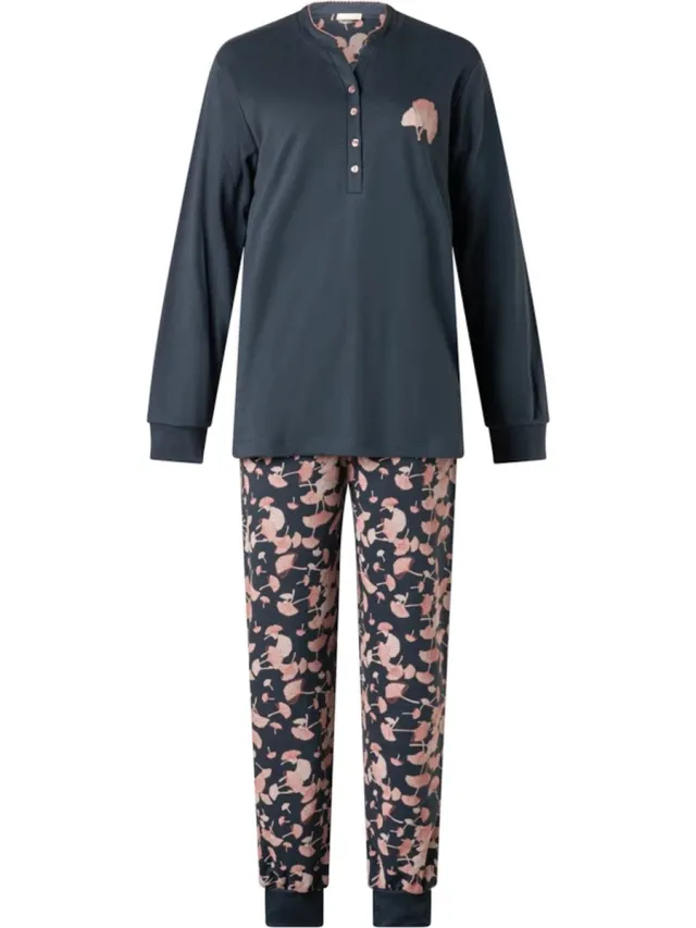 Lunatex dames pyjama interlock - Herfst bloem uni - marine Marine, uni