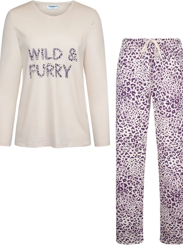 GAUBERT Essential Dames Pyjama Lange Mouw - Broek met Zakken - Premium Gekamd Katoen - Wild & Furry Panterprint - Beige - GB-2806 Lange Mouw Pyjama, Beige, Wild and Furry Panterprint