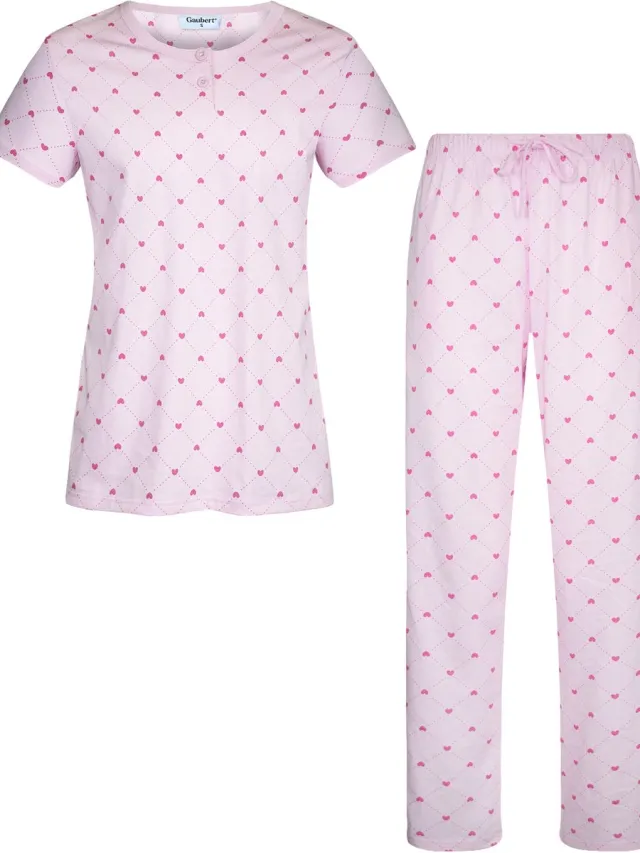 GAUBERT Essential Dames Pyjama Korte Mouw - Broek met Zakken - Premium Gekamd Katoen - Hartjes - Roze - GB-2813 Korte Mouw Pyjama, Roze, Hartjes