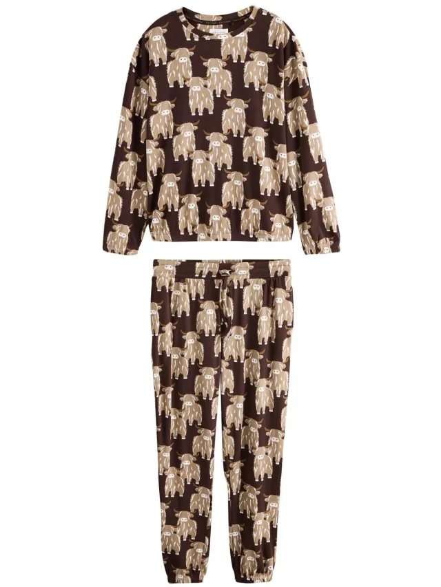 Next Dames - Behaaglijke pyjama met lange mouwen - Bruin Chocolate Brown Hamish The Highland Cow