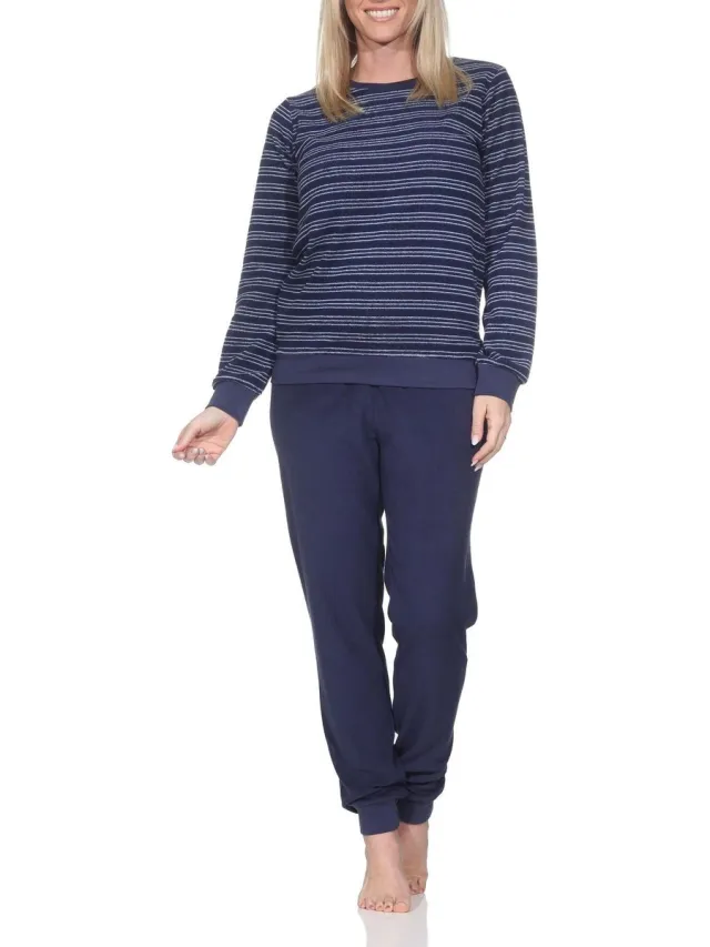 Normann Damespyjama in badstof met manchetten in een prachtig streepdesign - ook in overmaten navy