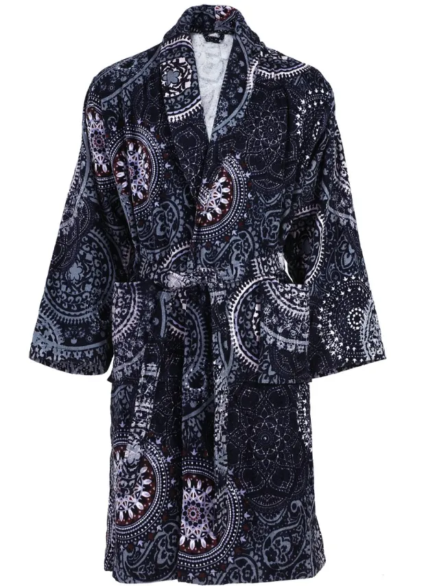 Padiro unisex badjas - L - Blauw / Meerkleurig - Ornamentpatroon - Katoen - sjaalkraag - ceintuur - zakken