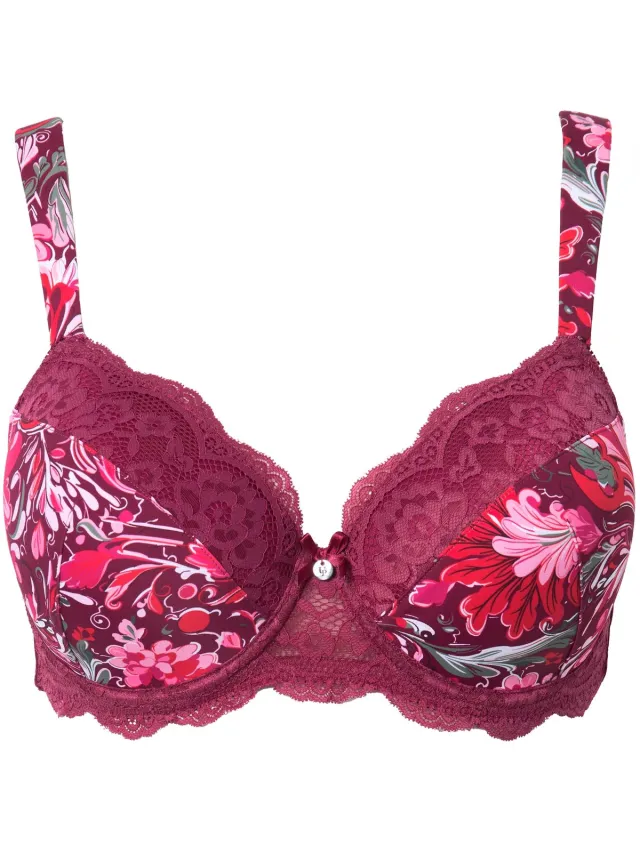 Ulla Popken Dames - Beugel BH zachte cups gebloemd kant - Aubergine