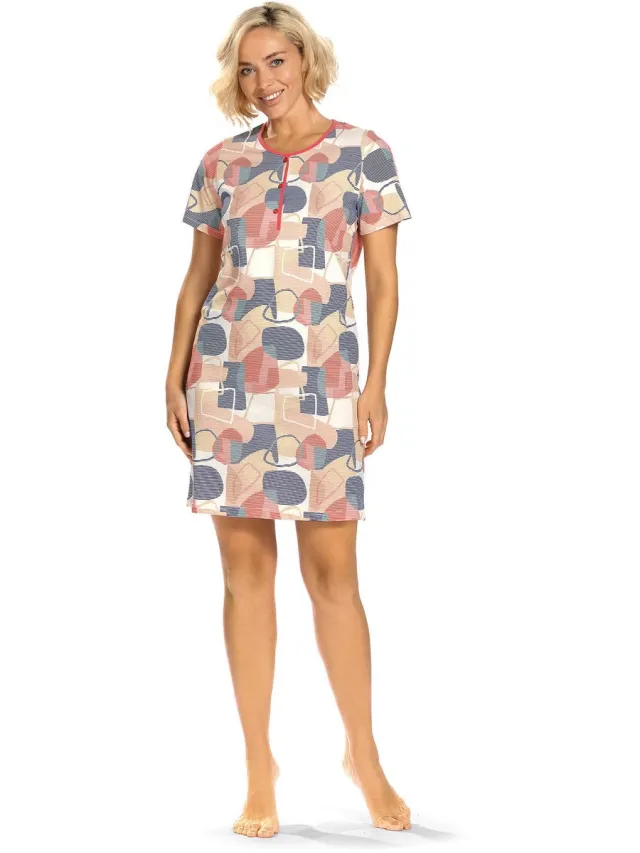 Comtessa Ascafa Nachthemd 'Geometrical Stripe' - Dames Nachtmode - Korte Mouw - Mixed Rood