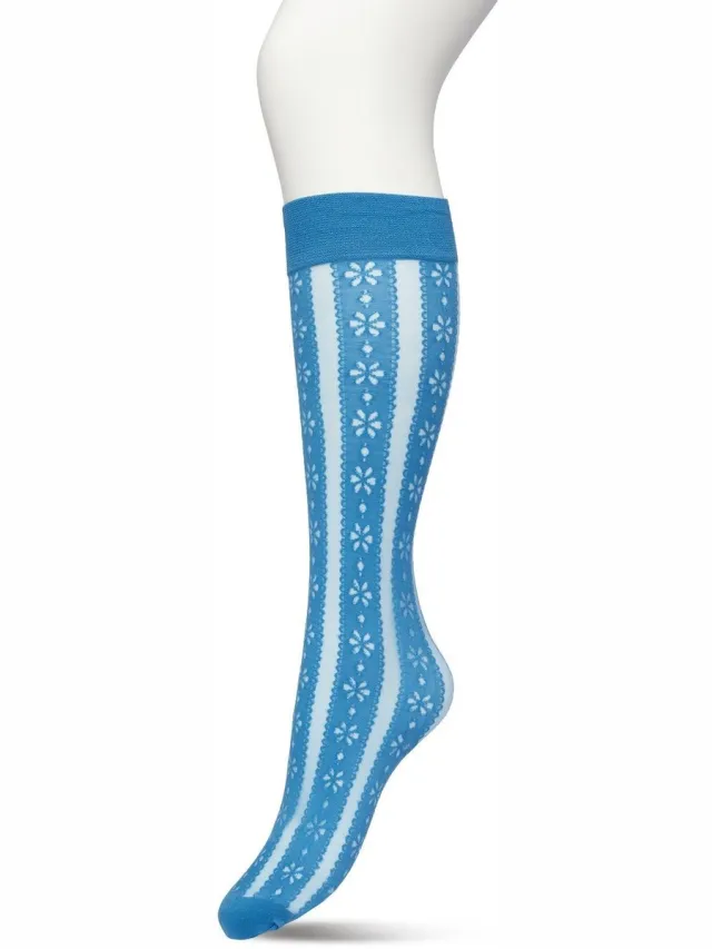 Bonnie Doon Dames Bloemen Panty Kniekousen Blauw in - Knie Kousen 50 denier - Gebloemd - Bloemen Print - Uitstekend draagcomfort - Flower Stripe Knee High - Kniesokken - Zakt niet af - OEKO-TEX - Vallarte Blue - BP221804.384 Vallarta Blue