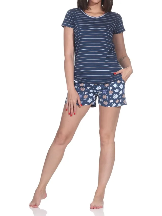 Normann damespyjama Shorty met korte mouwen, gestreepte top - ook in grote maten marine