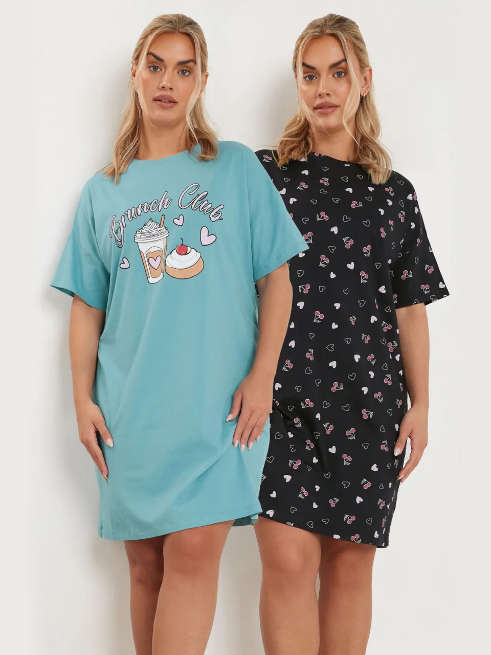 Yours Set Van Twee Paar Nachthemden Met 'Brunch Club' Slogan In Blauw/Zwart-52 Blue