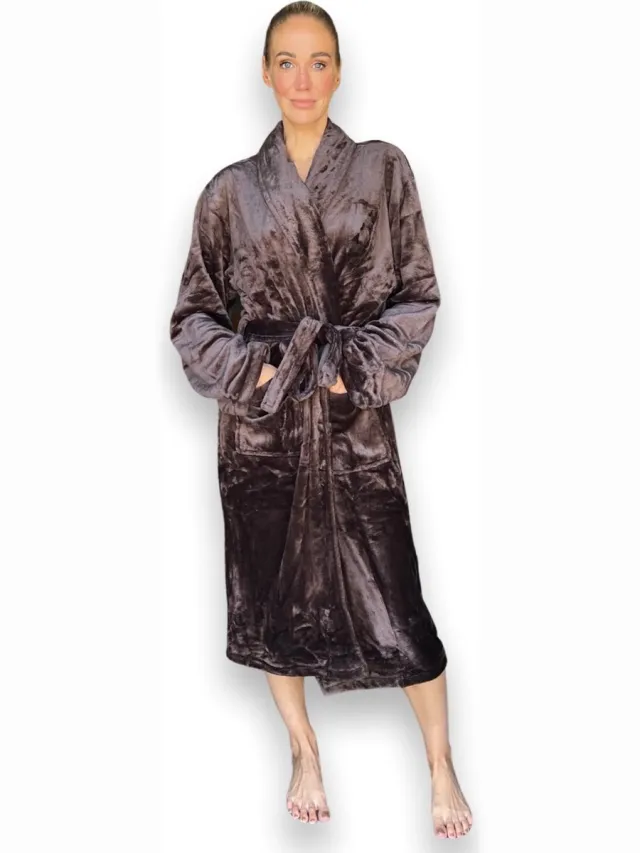 OCH Badjas bruin - fleece badjas dames en heren - badjas voor hem & haar - sjaalkraag, opgestikte zakken & ceintuur - ultrazacht & warm