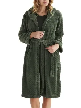 Damella Jaquard Fleece Hoodie Robe Wit,Groen