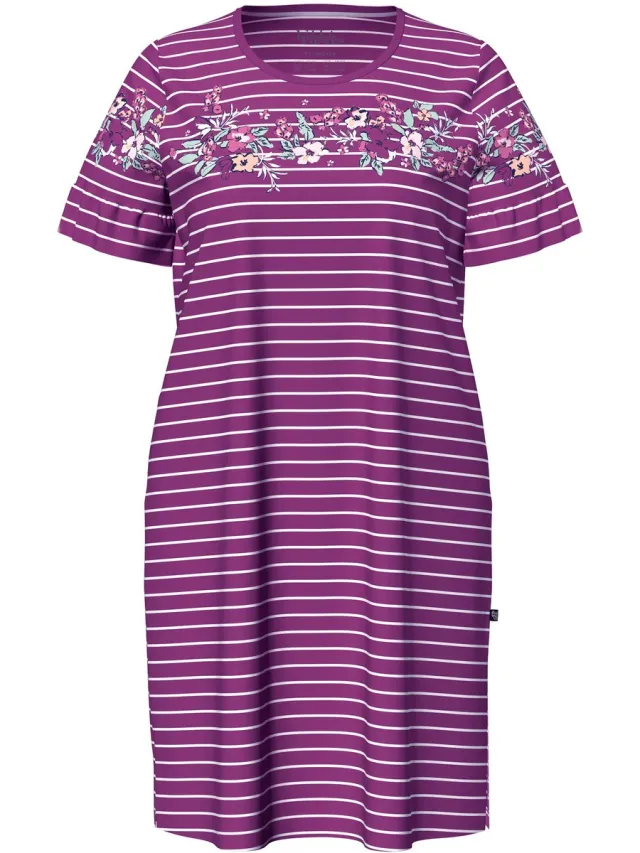 Ulla Popken Dames - Bigshirt bloemenstrepen ronde hals korte mouwen met volant - Bes - Maat 54+