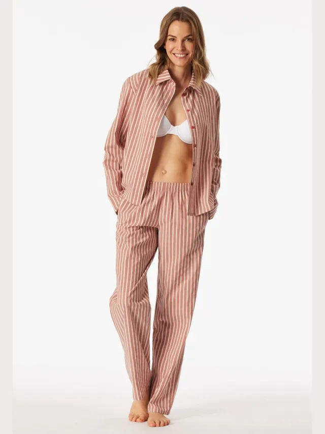 Schiesser dames Selected Premium lang pyjama van geweven stof met strepen in terracottakleur - terracotta dessin