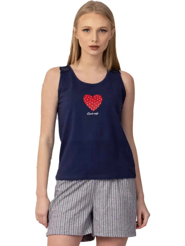 Vanilla Heart dames shortama - Pyjamasets - Egyptisch katoen - PJ8925 - Donkerblauw