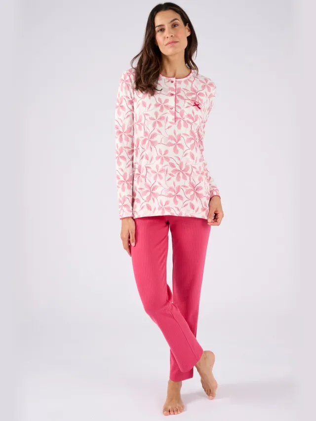 Damart Ribgebreide pyjama, licht geborstelde binnenkant - Dames - Roze - 50-52 (XL)