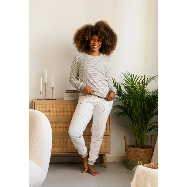By Louise Dames winter pyjama set lang badstof gestreept wit Veelkleurig