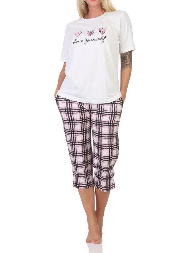 Normann damespyjama met geruite jersey capri pyjamabroek - ook in grote maten weiß