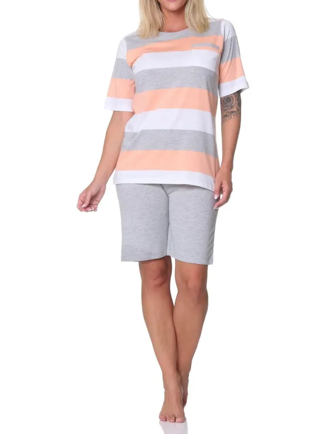 Normann Dames Capri Pyjama Korte Mouwen Blokstreep - Ook in Oversizes apricot