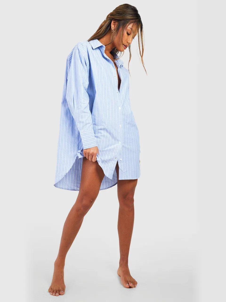 boohoo Dames Cotton Stripe Oversized Pyjama Night Shirt blauw, foto 3