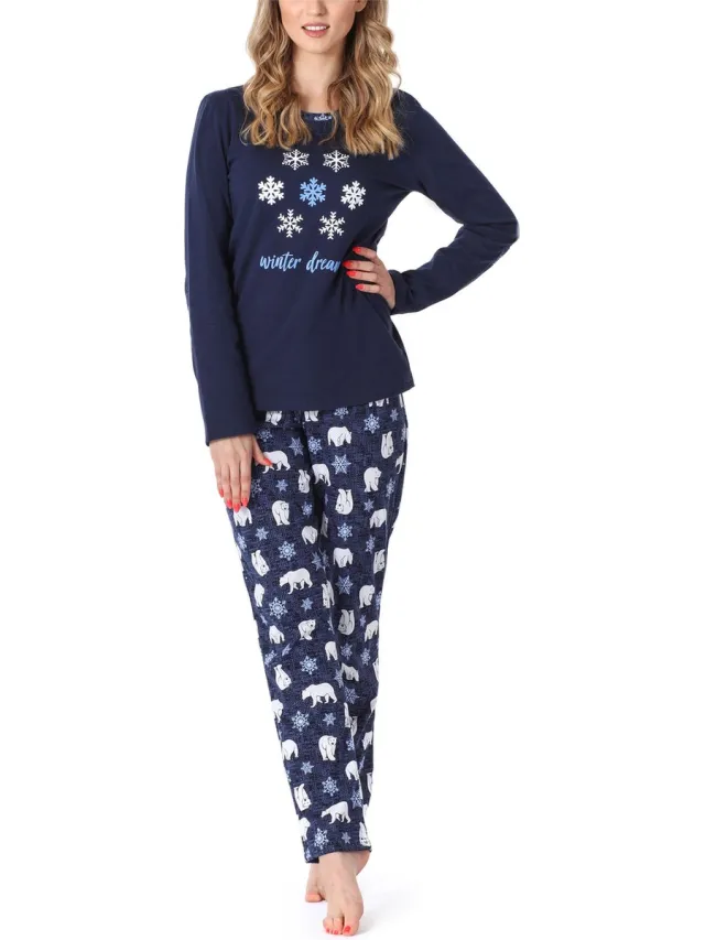 Merry Style Dames Pyjama - Lange mouwen - Lange broek - Katoen - MS-MS10-169-PJ - Donkerblauw Beer