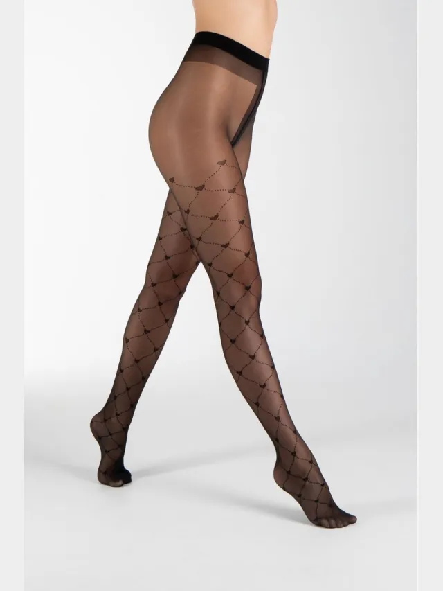 S.Oliver , dames, fijne panty's, 20 DEN, geometrisch hartpatroon, katoenen kruisje, drukvrije tailleband, zachte teennaad, verstevigde tenen, transparante panty, modieus, comfortabel zwart