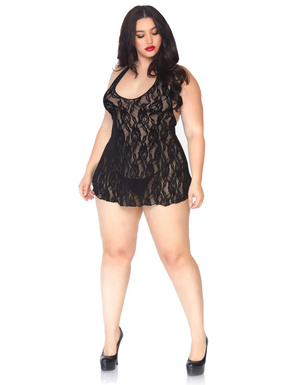 Leg Avenue +size kanten halter slipdress met string zwart, foto 3