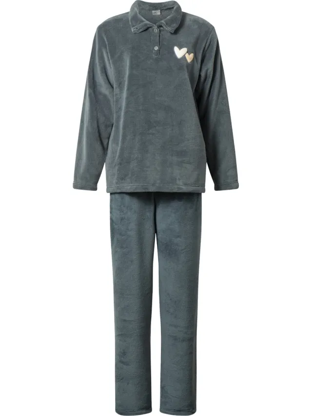 Lunatex warm dames huispak 124266 - zacht loungepak - coral fleece - groen