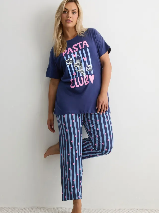 Yours Marineblauwe Pasta Club Wijde Gestreepte Pyjama Set-44 Blue