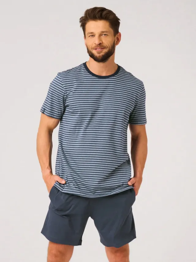 Key Katoenen Heren Pyjama Korte Mouw Streepprint Navy Blauw MNS 310