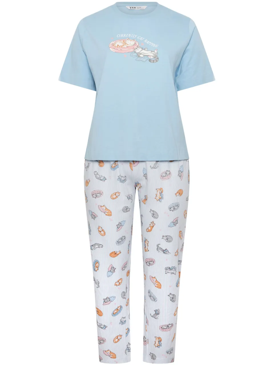 Yours Blauwe Pyjamaset Met Wijde Pijpen En 'Currently Cat Napping' Met Opschrift-44, foto 4