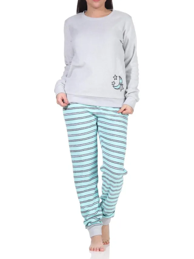 Normann Badstof pyjama voor dames met manchetten - gestreepte broek, topje met maantjesapplicatie grau