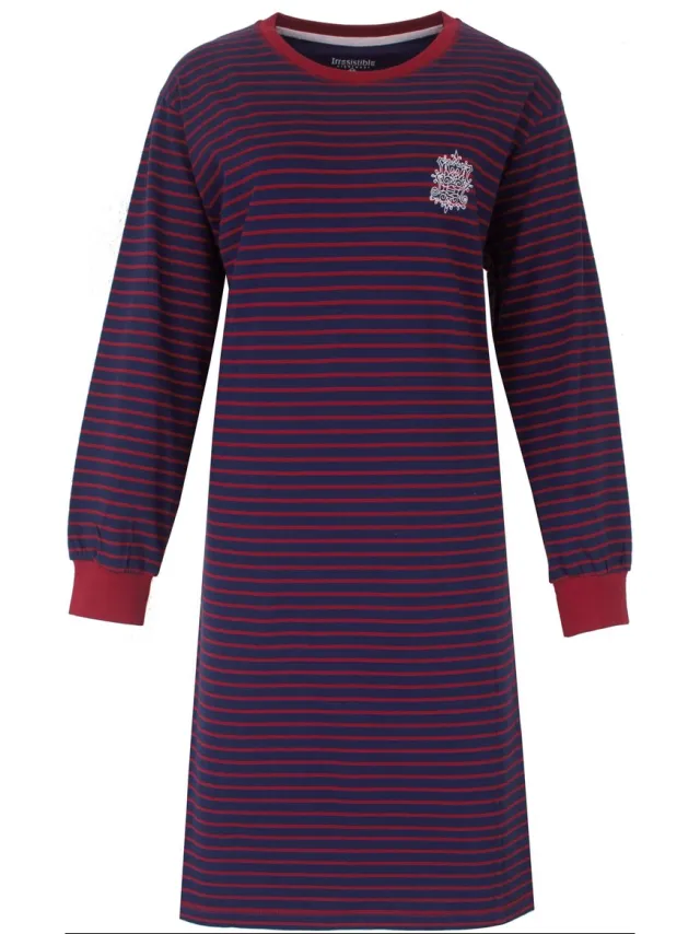 Irresistible Dames Nachthemd - Lange Mouwen - Gestreept - Blauw/Rood