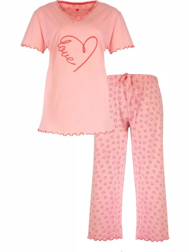 Tenderness Dames Pyjama Set - Hartjes print - Katoen - Roze